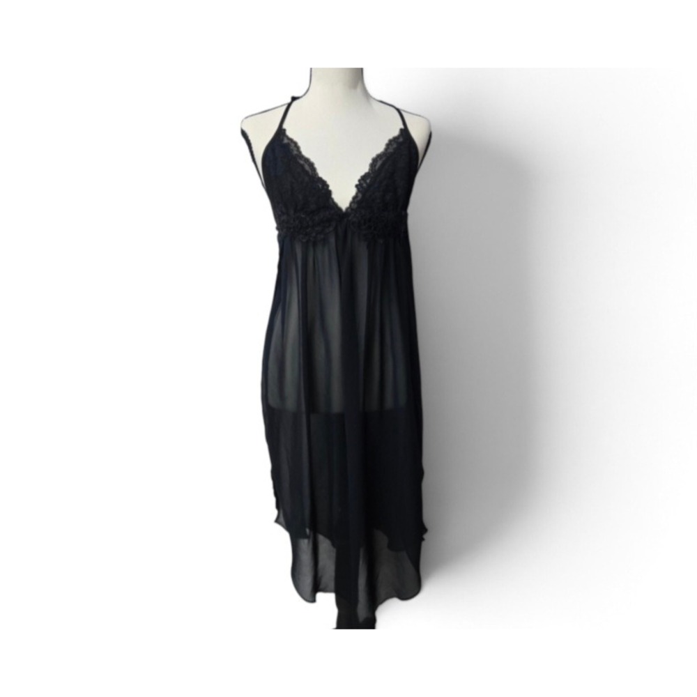 Linea Donatella Black Lace Trim Sheer Babydoll Chemise Gown Medium Whimsigoth